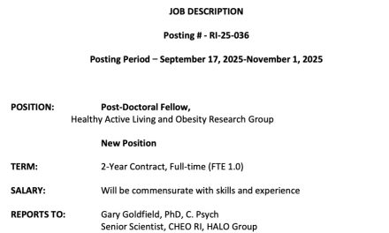 CHEO-RI is hiring a Post-Doctoral Fellow!