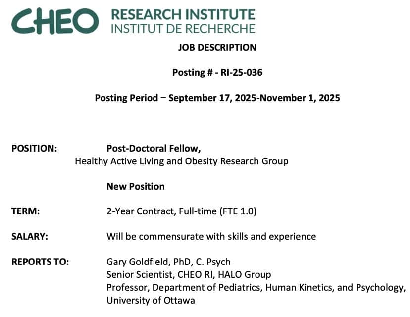 CHEO-RI is hiring a Post-Doctoral Fellow!